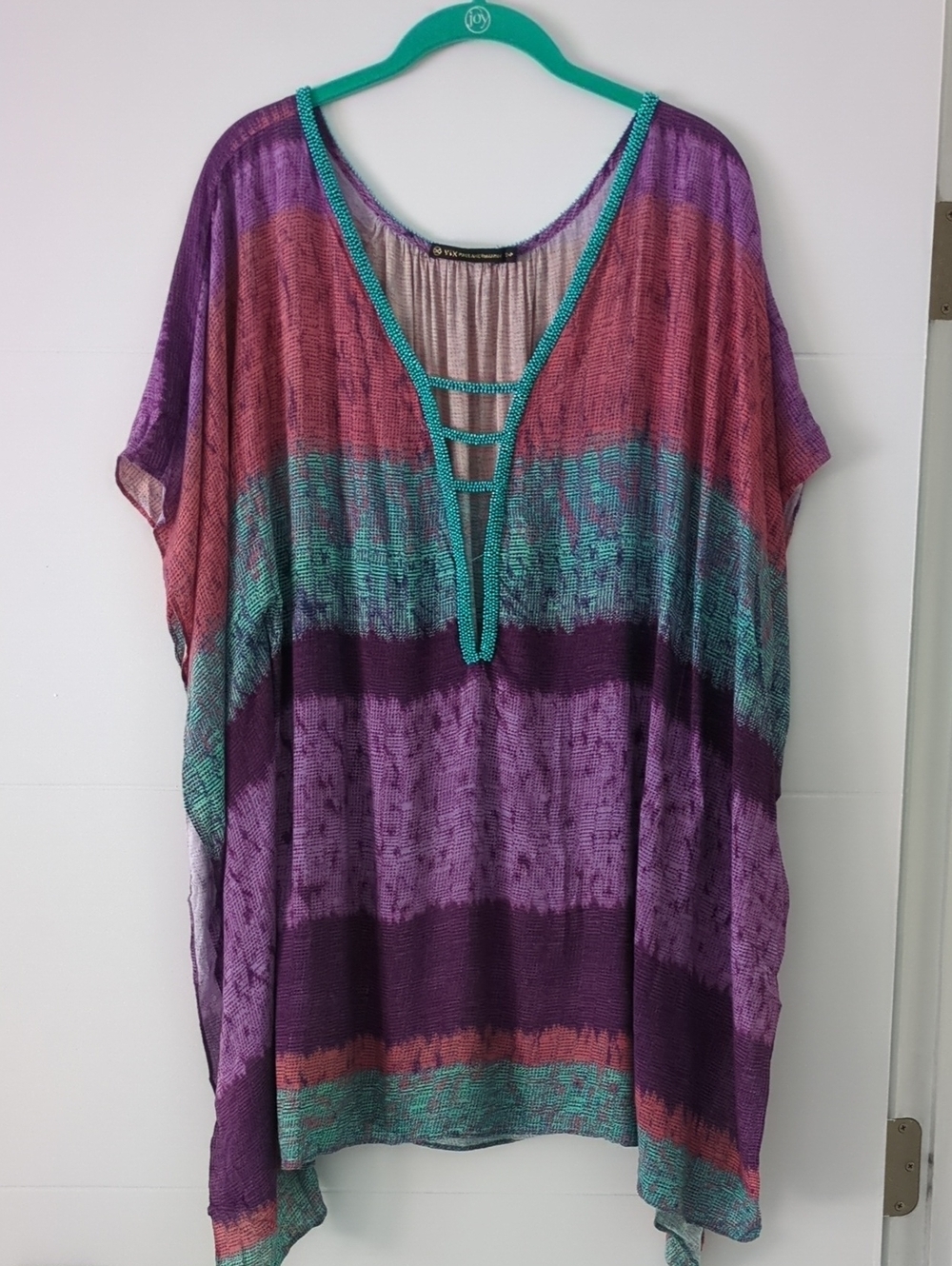 VIX Paula Hermanny Boho Stripe V-Neck Tunic Cover Up Purple Teal Pink Beaded S